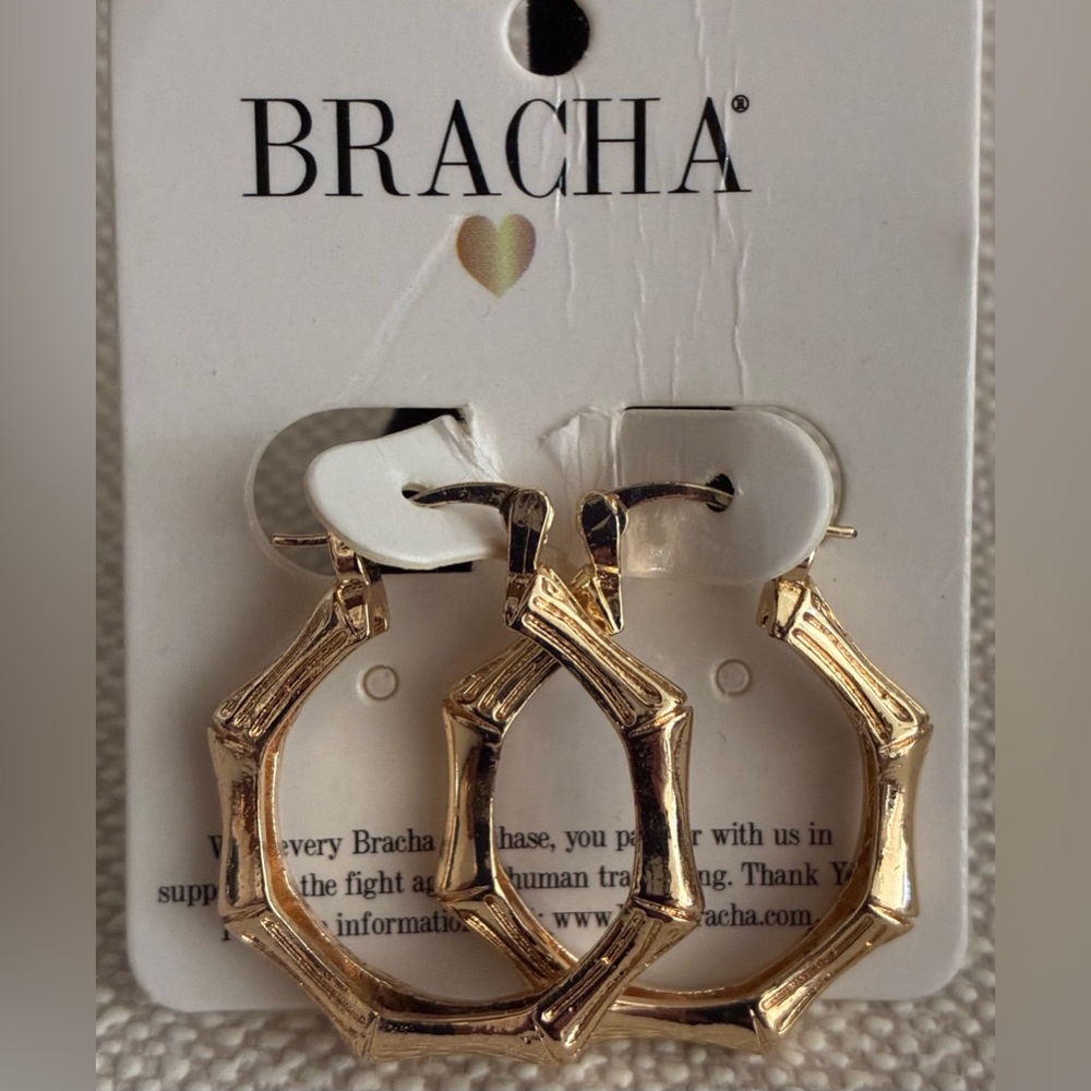 Bracha Bamboo Hoop Earrings Gold Tone Texture Design Made USA